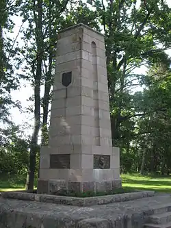 Monument to Konstantin Päts&nbsp;[et] in Tahkuranna. Erected in 1939, it was destroyed by the Soviet Union in August 1940, shortly after the Soviet occupation of Estonia. The monument was recreated in 1989 during the Estonian national awakening.