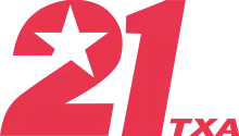 A red italic "21" in a sans serif. The top counter of the 2 is cut to feature a star shape integrated into the design. The letters "TXA", also italicized and in a sans serif, are in smaller text to the lower right.