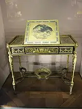 Louis XVI style writing table of Marie-Antoinette; by Adam Weisweiler; 1784; oak, ebony and sycamore veneer, Japanese lacquer, steel, bronze gilt; 73.7 x 81. 2&nbsp;cm; Louvre