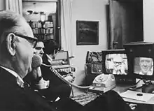 Image 65Swedish Prime Minister Tage Erlander using an Ericsson videophone to speak with Lennart Hyland, a popular TV show host (1969) (from History of videotelephony)