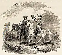 Whimsical tail-piece of mediaeval lady and gentleman on horseback with falcons