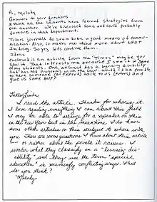 Teacher and teacher professional developer writing about an article they have read about teaching