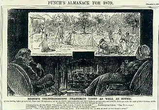 Image 53"Fiction becomes fact": Imaginary "Edison" combination videophone-television, conceptualized by George du Maurier and published in Punch magazine. The drawing also depicts then-contemporary speaking tubes, used by the parents in the foreground and their daughter on the viewing display (1878). (from History of videotelephony)