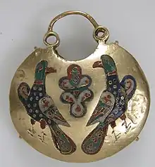 Front of a temple pendant with two birds flanking a tree of life; 11th–12th century; cloisonné enamel & gold; overall: 5.4 x 4.8 x 1.5&nbsp;cm; made in Kyiv (Ukraine); Metropolitan Museum of Art (New York City)