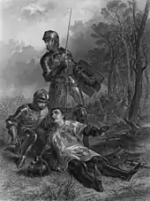 A man, wearing armour and a surcoat, lies on the ground. His helmet is off, and his face is turned towards a kneeling knight, who is supporting him. Standing behind the two is another knight, whose sword and shield are held at the ready.