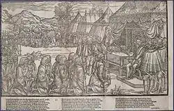 Plate 12. Turlough Lynagh O'Neil and another kneel to Sidney in submission. In the background Sidney seems to be embracing O'Neill as a noble friend.