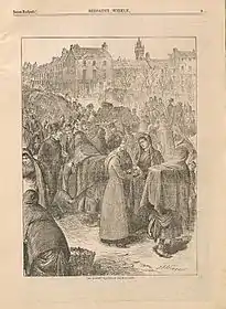 An etching of the scene of a bustling market square in Galway found in the periodical