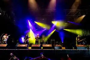 The Word Alive performing in 2016. From left to right: Zack Hansen, Daniel Shapiro, Tyler Smith, Luke Holland (back), and Tony Pizzuti