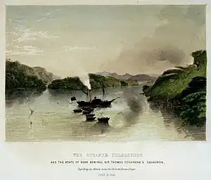 The steamer Phlegethon and the boats of Rear Admiral Sir Thomas Cochrane's squadron, repelling an attack from the forts at Borneo.