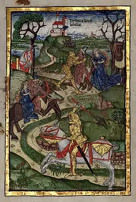 Saint Ladislaus chases the Cuman warrior who kidnapped a girl (Chronica Hungarorum, 1488)