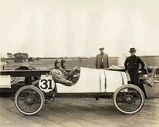 Tom McKelvey in his Overland race car before the 1915 American Grand Prize at San Francisco