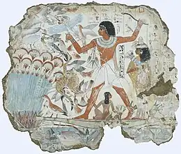 Fresco which depicts Nebamun hunting birds; 1350&nbsp;BC; paint on plaster; 98 × 83&nbsp;cm; British Museum (London)