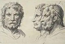 Three lion-like heads; by Charles Le Brun; c. 1671; black chalk, pen and ink, brush and gray wash, white gouache on paper; 21.7 × 32.7&nbsp;cm