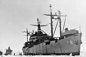 USS Mount Olympus moored in Antarctica c1947