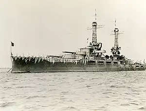 Hyperboloid mast towers were on the USS&nbsp;Oklahoma, at anchor wearing experimental camouflage, circa 1917, prior to refitting in 1927–1929.