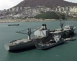 LSV alongside USNS Pollux (T-AKR-290) in the port of Pusan, South Korea. Pollux is loading vehicles onto the LSV which will then transport them to shore.
