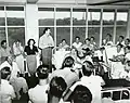 Entertainers Bob Hope and Francis Langford entertaining patients at the Coco Solo Hospital on March 9, 1944. Entertainers present include (left to right): Frances Langford, Vera Vague, Jerry Colonna, Bob Hope, and Tony Romano. Also present is Wendell Niles.
