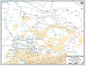 Map with scattered blue lines detailing the envelopment of the Austrian army, showing moving with scattered red lines.
