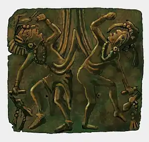 Image 6A illustration of the Upper Bluff Lake Dancing Figures repoussé copper plate, an artifact of the Mississippian culture found at the Saddle Site in Union County, Illinois. Image credit: H. Rowe (from Portal:Illinois/Selected picture)