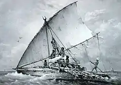 Image 40An Austronesian outrigger canoe; Malagasy vahoaka "people" is from Proto-Malayo-Polynesian *va-waka "people of the canoe". The Vahoaka Ntaolo, the first Austronesian ancestors of the Malagasy, probably used similar canoes to reach the great island from the Sunda Islands (from History of Madagascar)