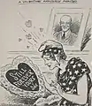 Ink drawing of a woman wearing a dark dress with light stars, staring down and to the left towards a large valentine that says "still forever yours." There is a framed portrait of Eisenhower in the background, with hearts flying in the empty space.