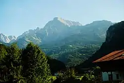 The Kehlsteinhaus can just be made out on the peak of the tree-covered mountain on the center right of the image