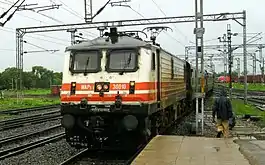 WAP-5 30010 hauling Hazrat Nizamuddin bound train number 12779 Goa Express arriving at Itarsi.