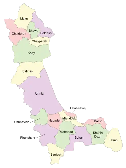 Location of Miandoab County in West Azerbaijan province (lower center, yellow)