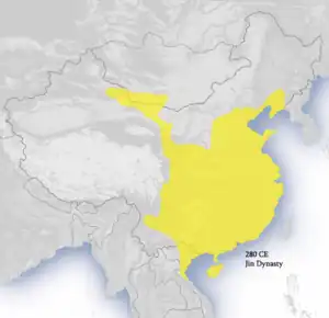 The Jin dynasty (yellow) at its greatest extent, c. 280, during the Western Jin dynasty