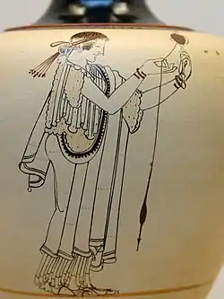 Woman spinning. Detail from an Ancient Greek  Attic white-ground oinochoe, ca. 490&nbsp;BC, from Locri, Italy. British Museum, London.
