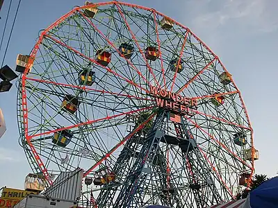 Wonder Wheel, a 45.7-metre (150&nbsp;ft) tall eccentric wheel at Deno's Wonder Wheel Amusement Park, Coney Island, was built in 1920 by the Eccentric Ferris Wheel Company