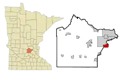 Location of the city of Hanoverwithin Wright and Hennepin Countiesin the state of Minnesota