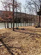 Portrait photograph showing the shoreline along lake at Yellow Creek Lake in Indiana County, Pennsylvania