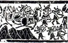 Yinan tombs relief, depicting an attack by Hu barbarians with pointed hats, bow and arrows. 2nd century CE, Eastern Han.