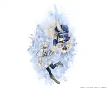 Characters Frieren and Himmel hold hands and lie on blue-moon weed