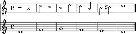 {
#(set-global-staff-size 15)
\relative c' {
<< \new Staff {
r2 a' d c b e d a b cis d1
\bar "|." }
\new Staff {
d,1 f g f e d} >>
}
}