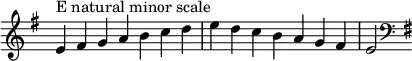 {
\override Score.TimeSignature #'stencil = ##f
\relative c' {
\clef treble \key e \minor \time 7/4 e4^\markup "E natural minor scale" fis g a b c d e d c b a g fis e2 \clef bass \key e \minor
} }