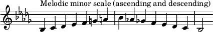 {
\override Score.TimeSignature #'stencil = ##f
\relative c' {
\clef treble \key bes \minor \time 7/4
bes4^\markup { Melodic minor scale (ascending and descending) } c des es f g a bes aes! ges! f es des c bes2
} }