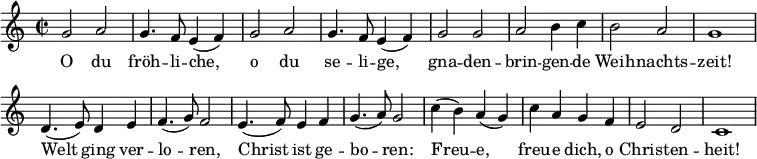 <<
\new Voice \relative c'' {
\autoBeamOff
\language "deutsch"
\set Staff.midiInstrument = #"recorder"
\tempo 4 = 120 \set Score.tempoHideNote = ##t
\override Score.BarNumber #'transparent = ##t
\time 2/2
\repeat unfold 2 {
g2 a g4. f8 e4 ( f )
}
g2 g a h4 c h2 a g1
d4. ( e8 ) d4 e f4. ( g8 ) f2
e4. ( f8 ) e4 f g4. ( a8 ) g2
c4 ( h ) a ( g ) c a g f e2 d c1
}
\addlyrics {
O du fröh -- li -- che, o du se -- li -- ge,
gna -- den -- brin -- gen -- de Weih -- nachts -- zeit!
Welt ging ver -- lo -- ren, Christ ist ge -- bo -- ren:
Freu -- e, freu -- e dich, o Chris -- ten -- heit!
}
>>