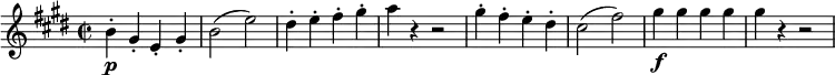 \relative b' {
\key e \major \time 2/2
\set Score.tempoHideNote = ##t \tempo 1 = 116
\set Staff.midiInstrument = "violin"
b4-.\p gis-. e-. gis-. |
b2(e) |
dis4-. e-. fis-. gis-. |
a4 r r2 |
gis4-. fis-. e-. dis-. |
cis2(fis) |
gis4\f gis gis gis |
gis r4 r2 |
}