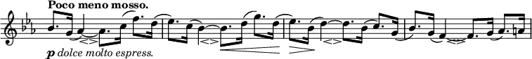 \relative c' \new Staff \with { \remove "Time_signature_engraver" } {
\key es \major \time 4/4 \tempo "Poco meno mosso."
bes'8. _\markup { \dynamic p \italic { dolce molto espress. } } g16( << aes4)~ { s8 s8_\espressivo } >> aes8. c16( f8.) d16( es8.) c16( << bes4)~ { s8 s8_\espressivo } >> bes8.\< d16( g8.) d16
( es8.)\> bes16\!( << d4)~ { s8 s8_\espressivo } >> d8. bes16( c8.) g16( bes8.) g16( << f4)~ { s8 s8_\espressivo } >> f8. g16( aes8.) a16
}
