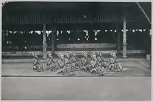 The bedhaya dancers doing a sembah (tribute) to the Sultan of Yogyakarta in 1884.